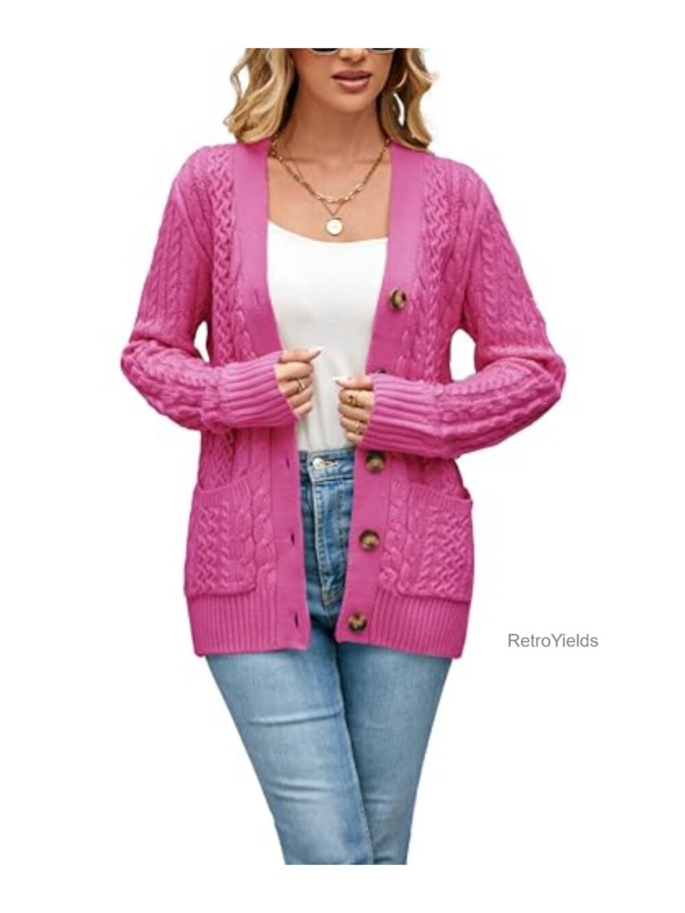 Womens Cable Knit Cardigan Chunky Open Front Button Down Sweater with Pockets